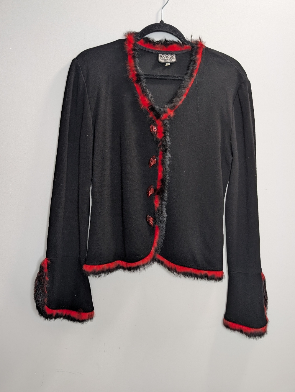 Vintage Rocco Barocco Black Cardigan Faux Fur Trim Red Accent Jacket Size 12 - Picture 2 of 5